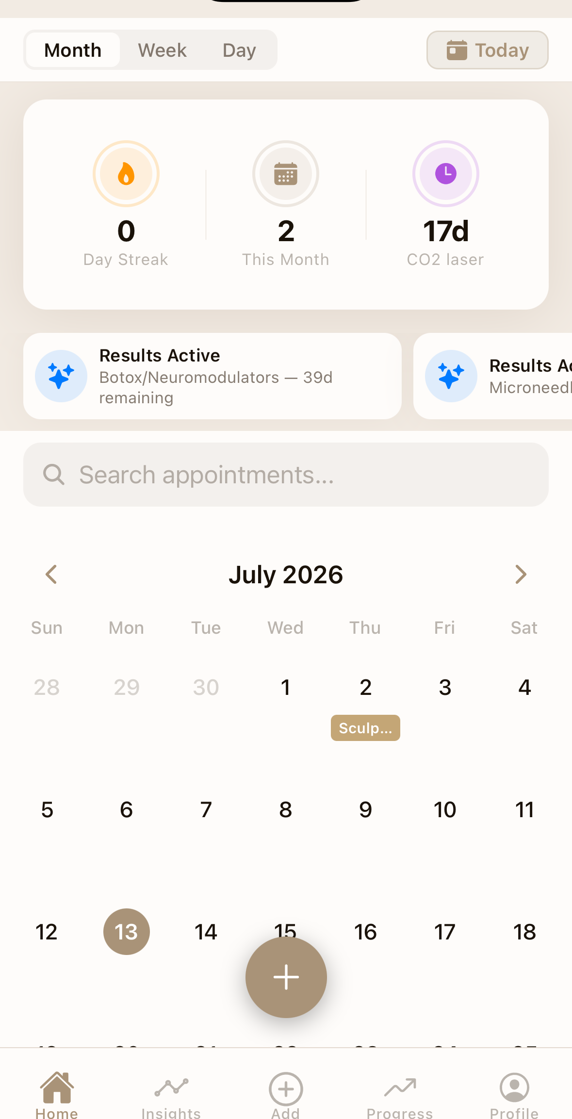 Glamdu beauty calendar screen with logged treatments