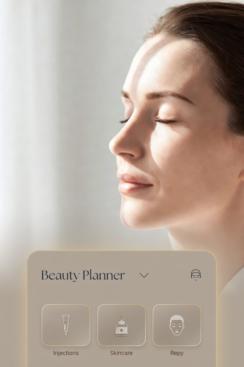 Woman with serene expression beside a beauty planner interface
